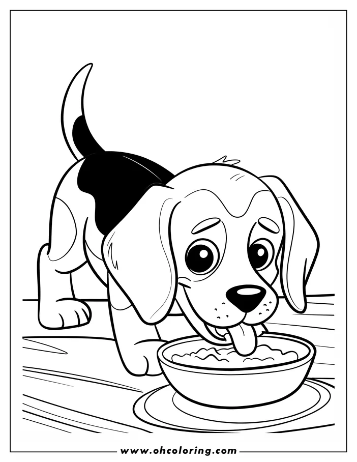 A puppy with large eyes and floppy ears happily eats from its food bowl.
