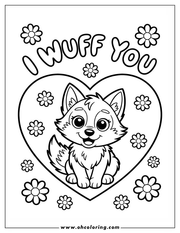 Line art of a cute puppy sitting inside a heart shape, surrounded by small flowers.