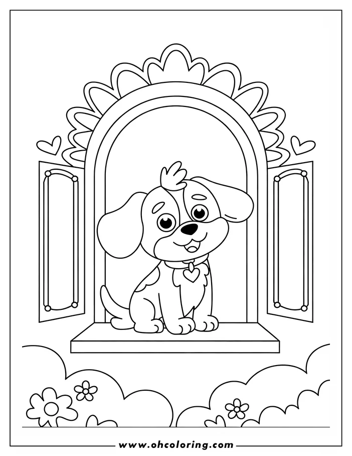 Outline of a puppy sitting in a window, with flowers visible outside