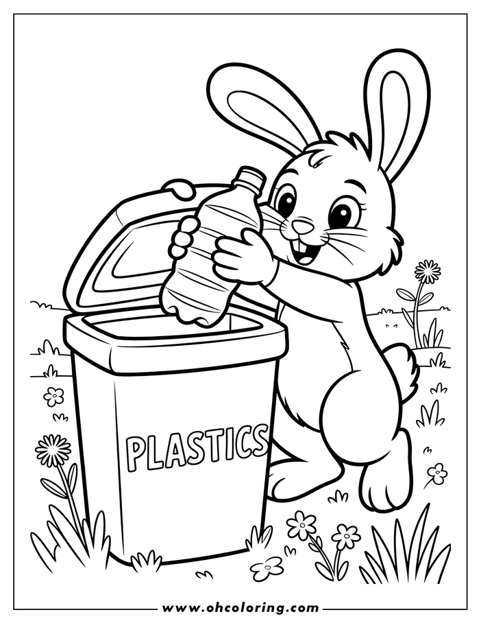 Line art of a rabbit recycling a plastic bottle. The rabbit, with a friendly expression, is placing the bottle into a recycling bin marked 'PLASTICS.'  The scene is set outdoors with grass and flowers, ideal for an Earth Day coloring page.