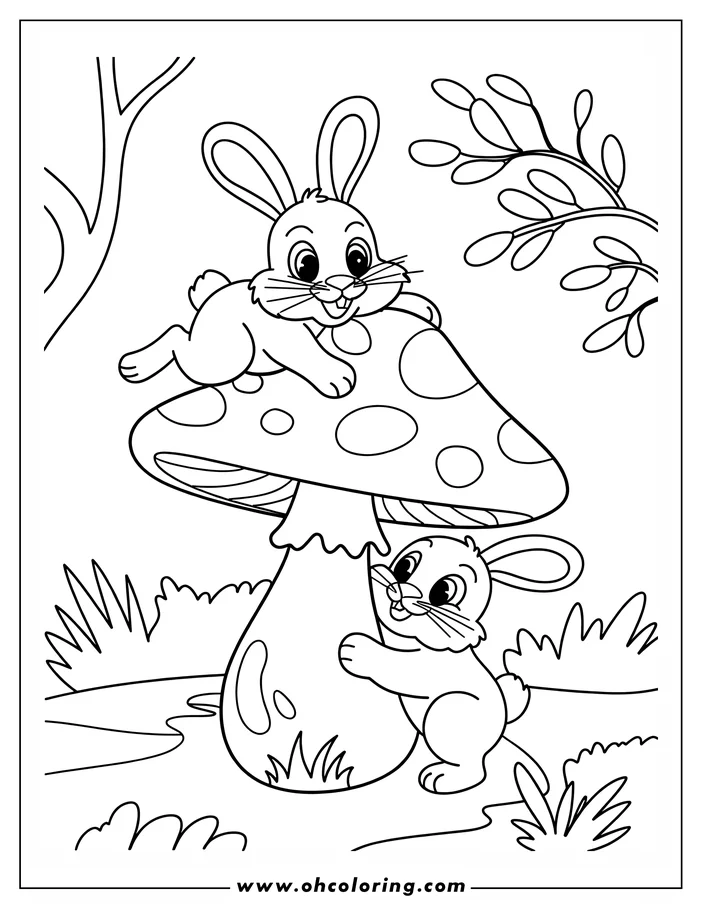 Two rabbits with a mushroom. One rabbit sits on top of the mushroom cap while the other stands next to it.  Grass and a tree branch are in the background.