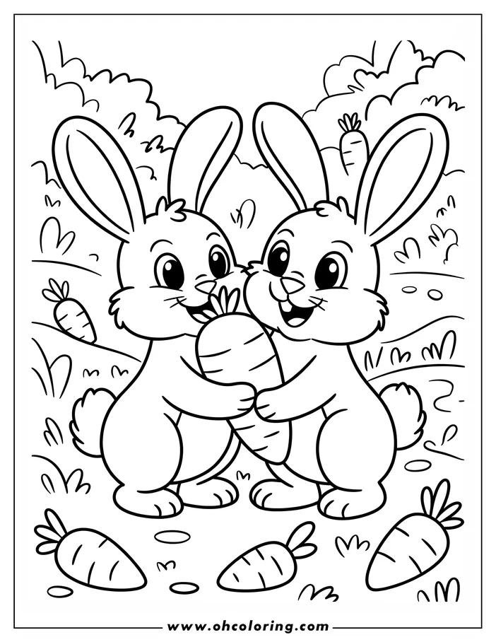 Two friendly rabbits holding a carrot together in a simple garden setting.