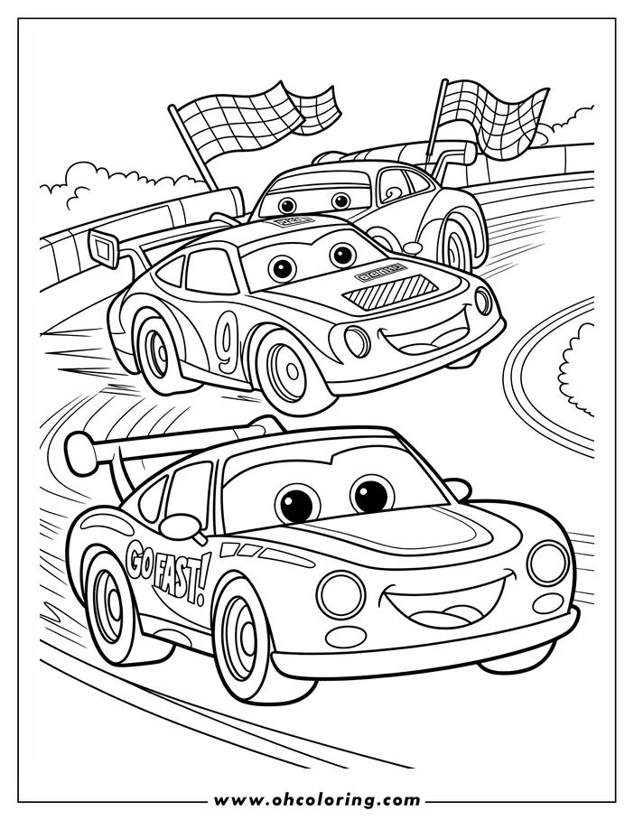 Two cartoon race cars racing on a track towards checkered flags.