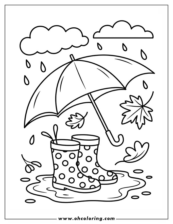 Line art of rain boots with polka dots and an open umbrella, with falling rain and autumn leaves in the background.
