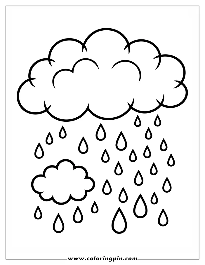 Line art of two clouds with falling raindrops.