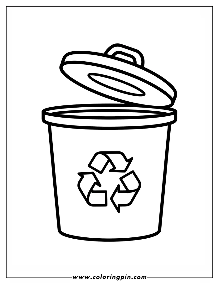 Line art of a recycling bin with its lid open, featuring the recycling symbol.