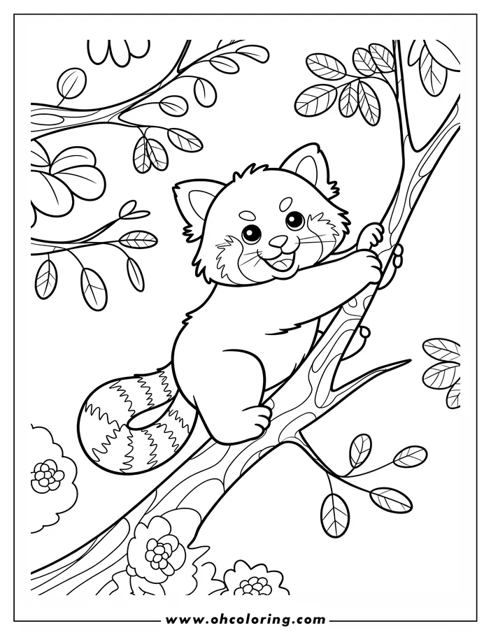 Line art of a red panda climbing a tree branch surrounded by leaves and flowers.