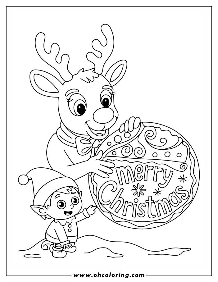 Line art of a reindeer and elf with a large 'Merry Christmas' sign, set on snowy ground.