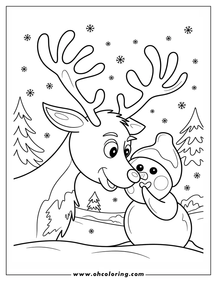 Line art of a reindeer and a snowman in a snowy landscape with falling snowflakes.  The reindeer and snowman are facing each other. Simple evergreen trees are visible in the background.