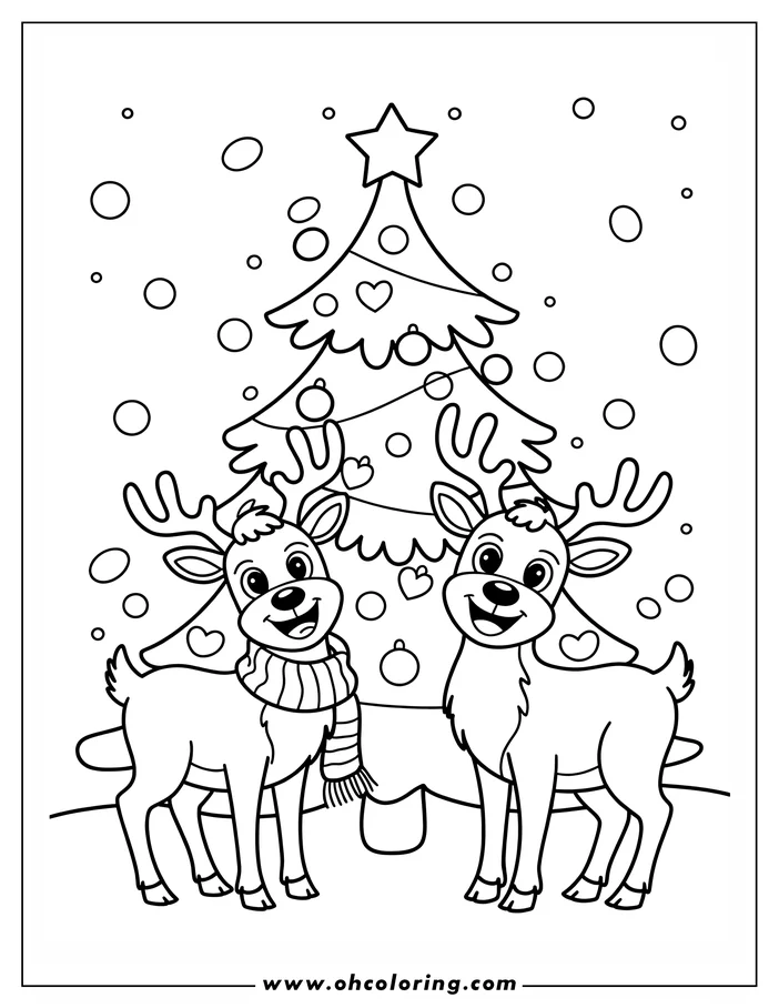 Two reindeer stand on either side of a decorated Christmas tree, with one wearing a scarf. Snowflakes gently fall around them.