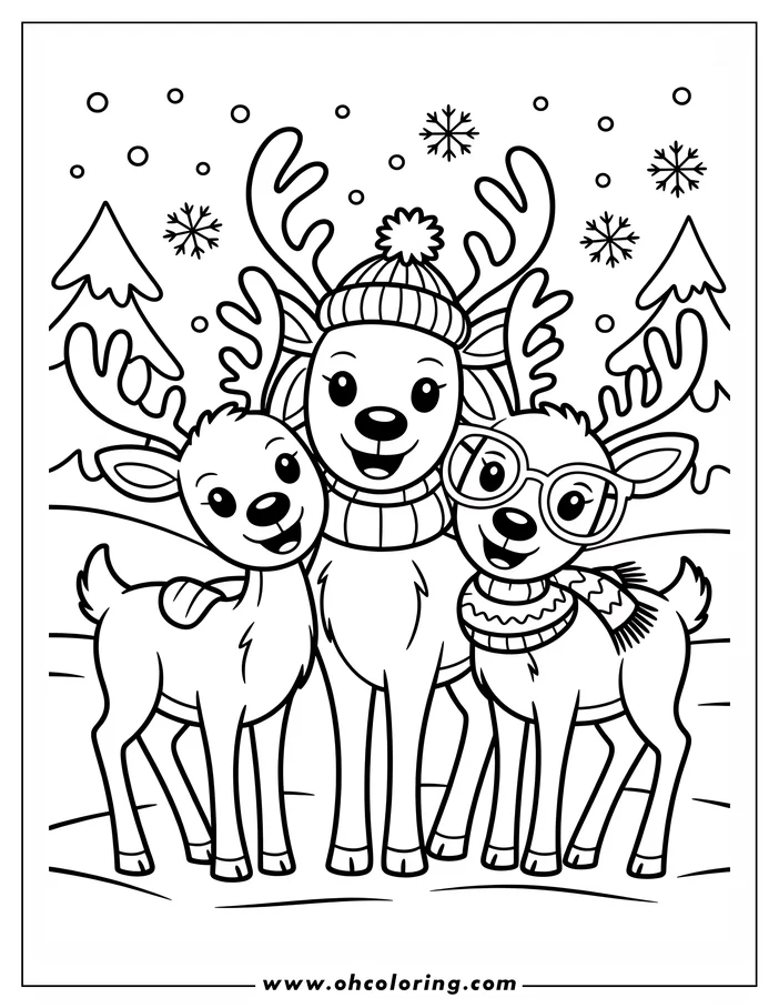 Three reindeer stand together in a snowy winter landscape, wearing winter accessories like hats and scarves.