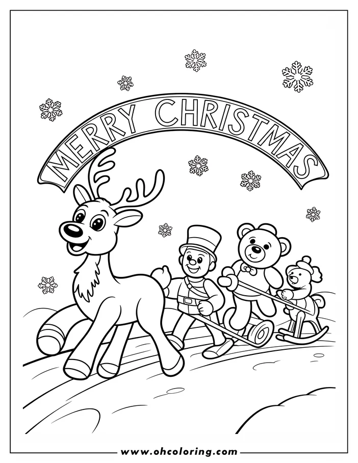 Line art of a reindeer pulling a sleigh with two teddy bears in a snowy Christmas scene.