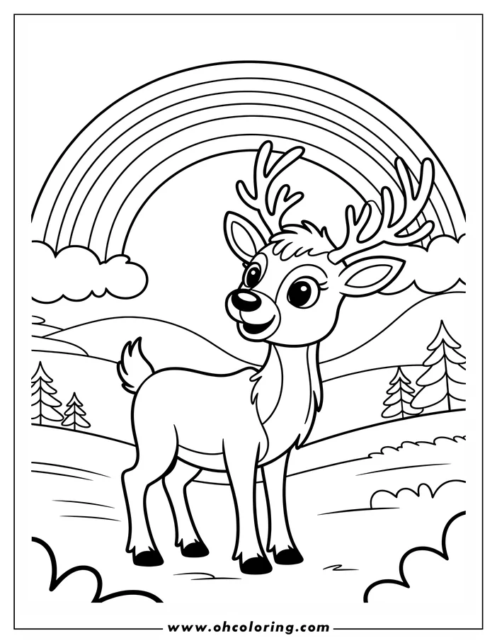 Outline of a reindeer standing in a field with a rainbow and trees.