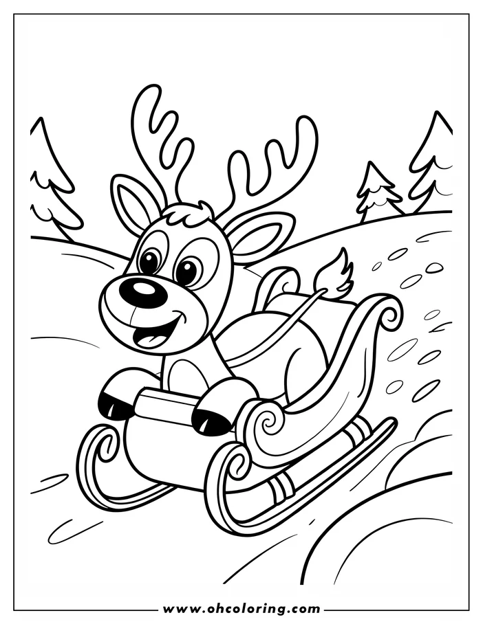 Line art of a reindeer with large antlers and small wings, riding in a sleigh across a snowy landscape.