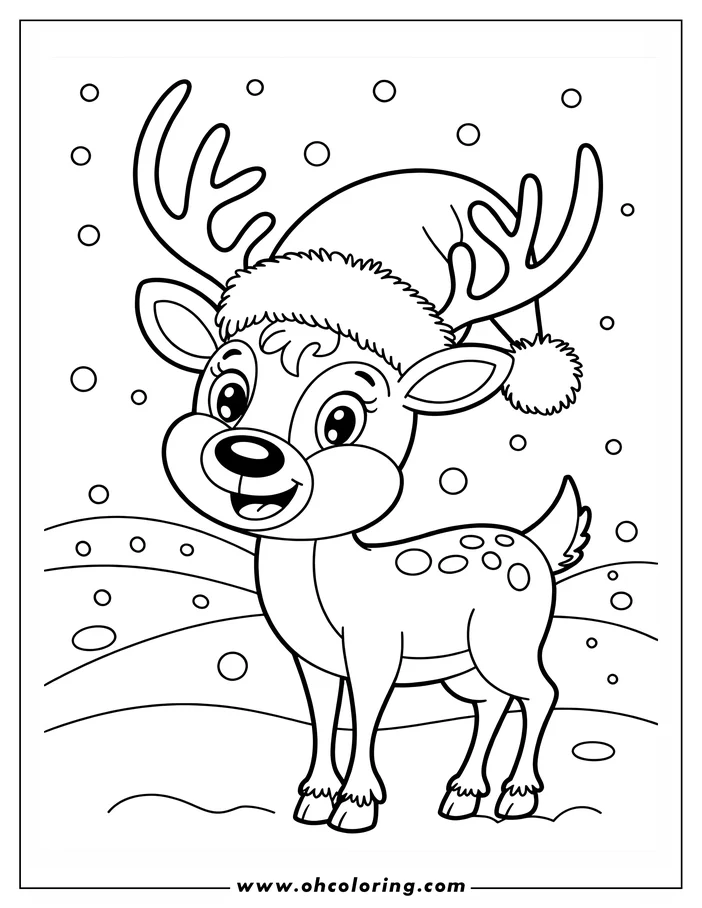 Outline of a reindeer wearing a Santa hat, standing in a snowy landscape.