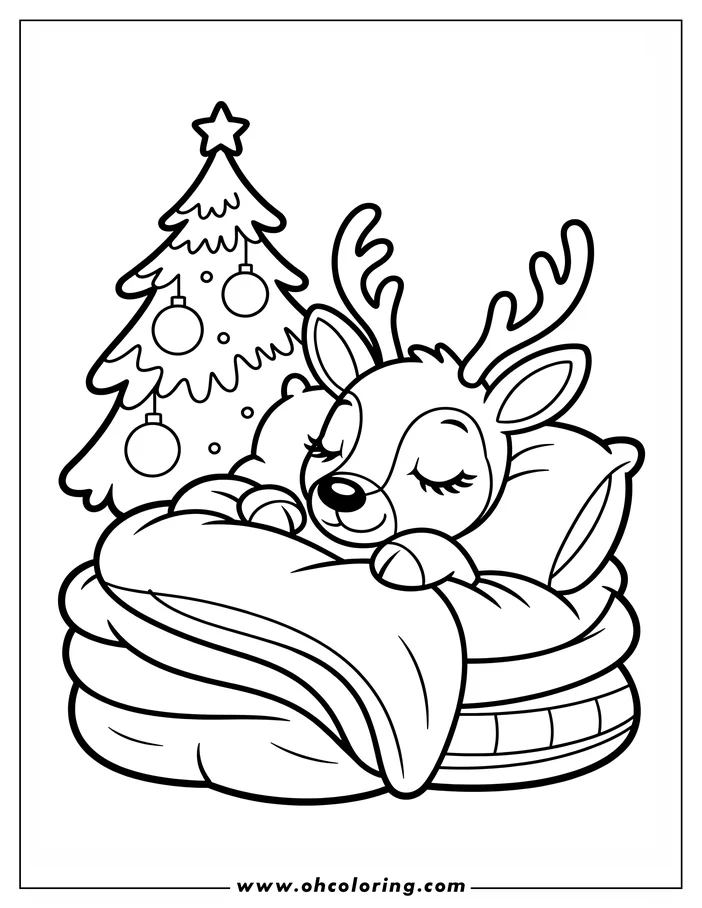 Line art of a reindeer sleeping in bed with a Christmas tree in the background.