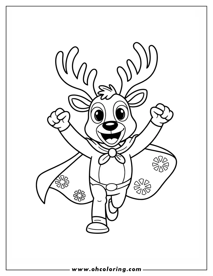 Line art of a cartoon reindeer dressed as a superhero, running with a happy expression and a snowflake-decorated cape.