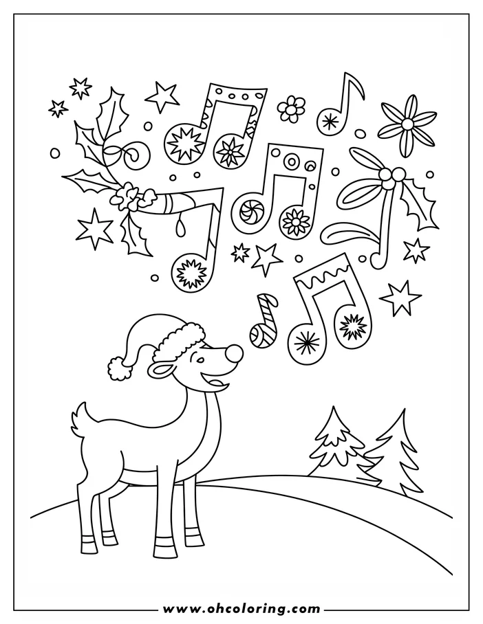 Line art of a reindeer wearing a Santa hat, singing amidst musical notes, candy canes, holly, and stars in a snowy scene with pine trees.