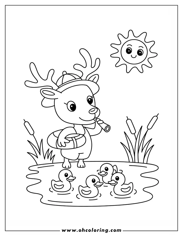 Line art of a reindeer with an inner tube, blowing a whistle by a pond with three ducklings. A smiling sun and cattails complete the summery scene.