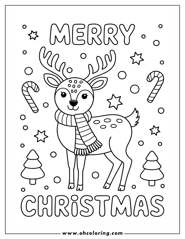Outline of a cartoon reindeer wearing a striped scarf, surrounded by Christmas decorations like candy canes, stars, and trees.