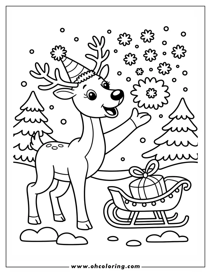 Outline of a reindeer wearing a party hat near a sleigh containing a present, snowflakes falling around them and two small trees in the background.