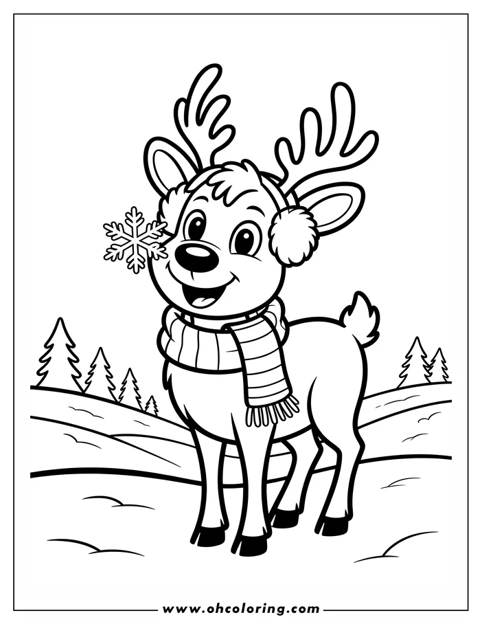 Line art of a reindeer with earmuffs and a scarf, holding a snowflake in a snowy landscape with trees.