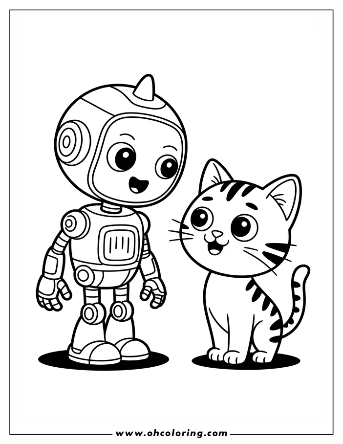 Outline of a friendly robot standing beside a cute striped cat