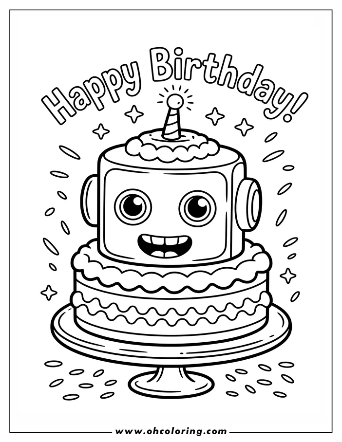 Line art of a robot-shaped birthday cake on a stand. The cake has two layers, a single candle, and is decorated with stars and sprinkles.