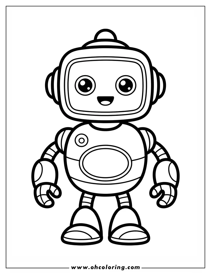 Outline of a friendly, cartoon-style robot with large eyes and a smiling face.