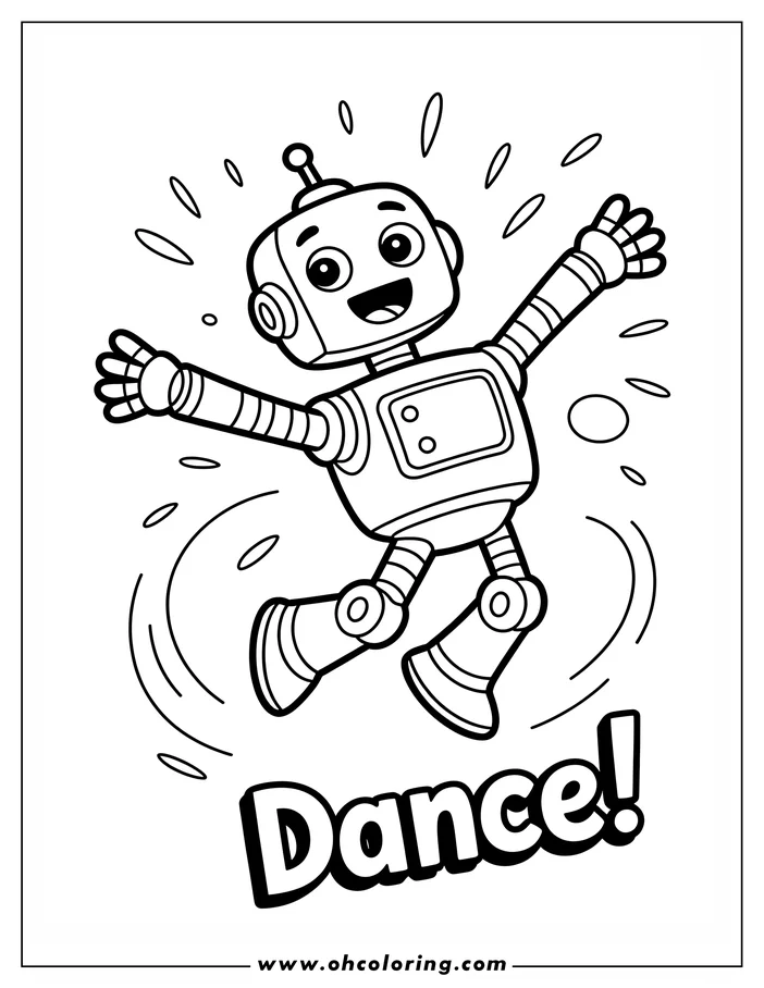 Line art of a cheerful robot dancing with its arms outstretched and feet lifted.