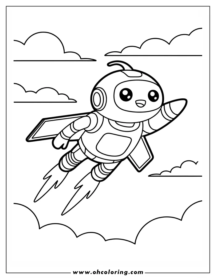Outline of a cheerful robot with rocket boots flying among fluffy clouds.