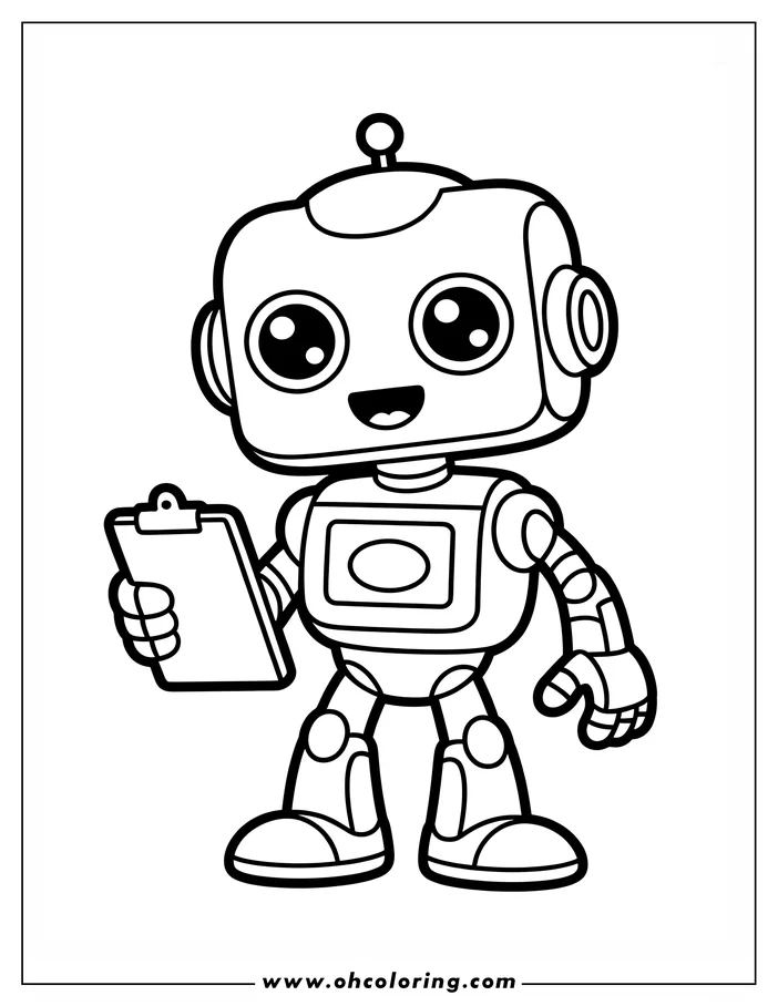 Line art of a friendly robot holding a clipboard.