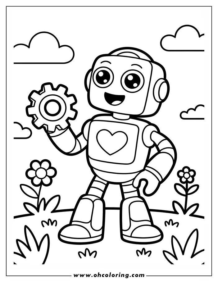 Outline of a friendly cartoon robot holding a gear, standing in a field with flowers and clouds overhead.
