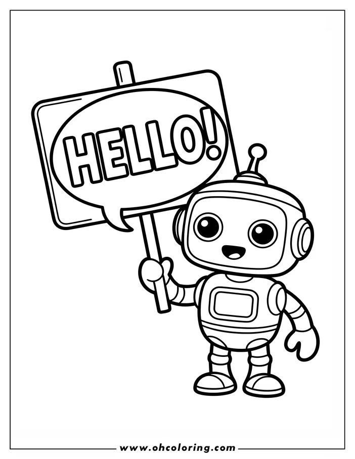 Outline of a friendly robot holding a sign that says hello