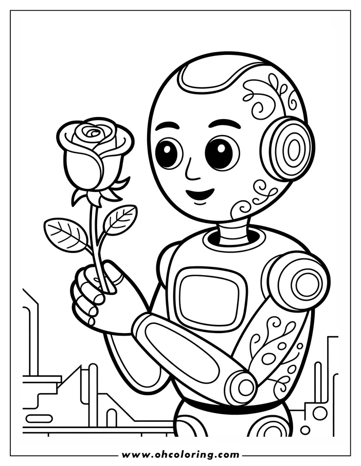 Line art of a friendly robot holding a rose. The robot has large eyes and decorative swirls on its head and arm. It stands in a futuristic city setting, ready for coloring.