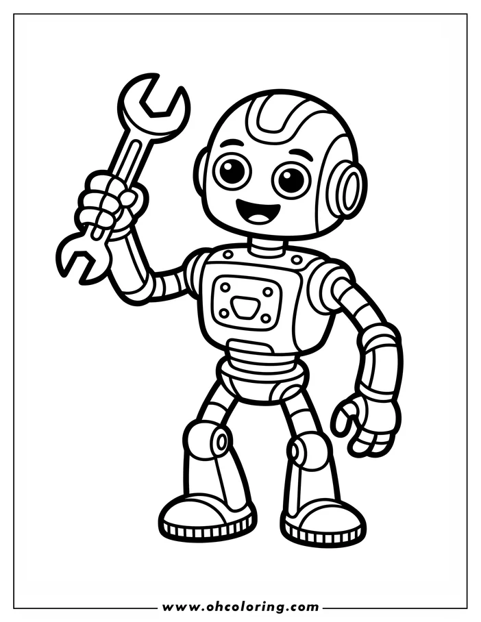 Line art of a cheerful robot holding up a wrench.