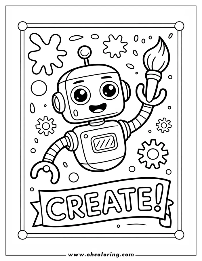 Line art of a friendly robot holding a paintbrush, surrounded by gears and paint splatters. The word 'Create' is written below.