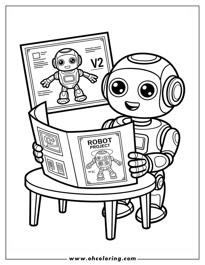 Line art of a cheerful robot sitting at a table, reading a "Robot Project" booklet and looking at robot design plans.