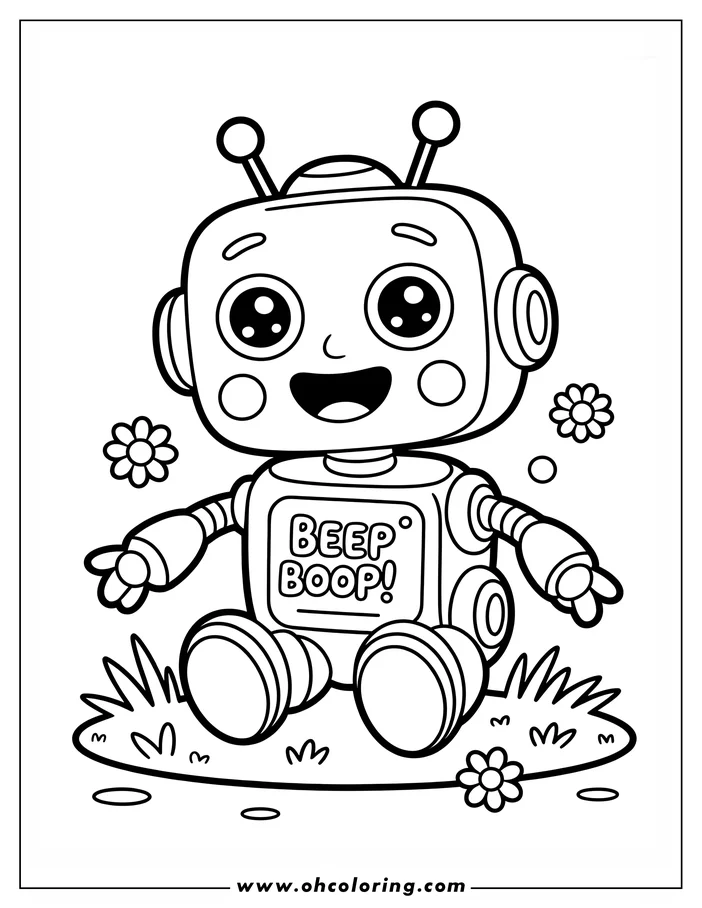 Outline of a cheerful cartoon robot sitting in the grass, surrounded by small flowers.