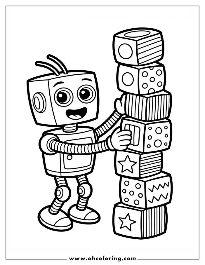 Line art of a friendly robot stacking a tall tower of patterned blocks.
