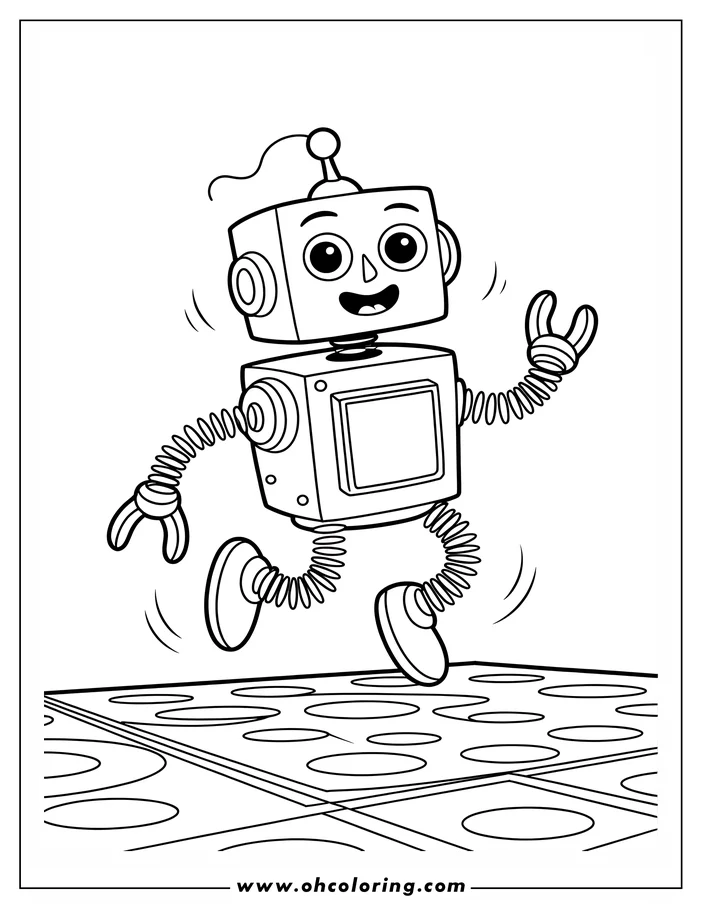 Line art of a friendly cartoon style robot walking on a patterned floor