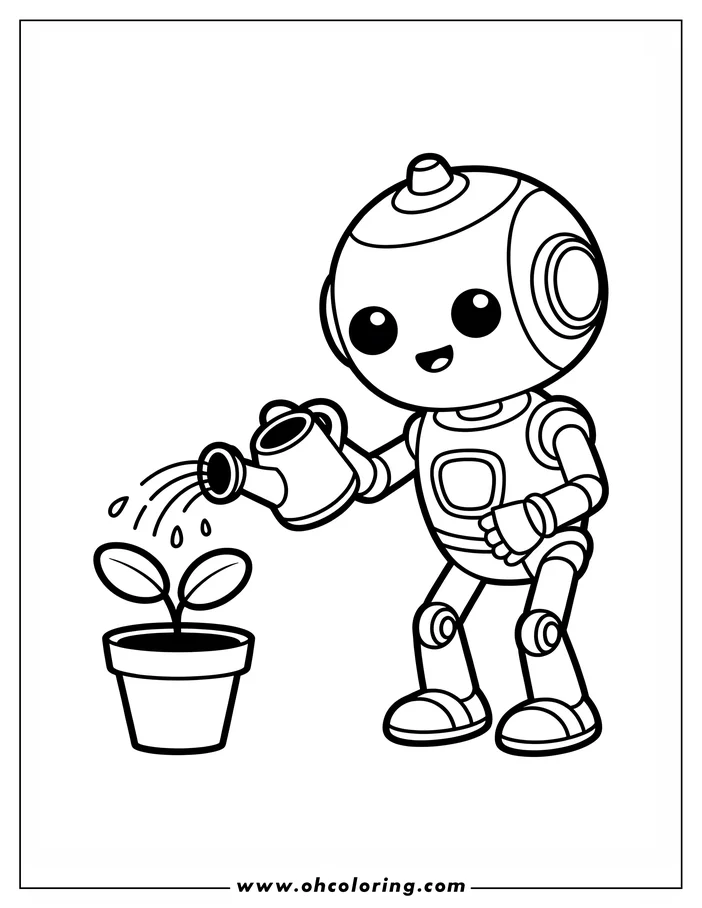 Line art of a friendly robot watering a small plant in a pot.