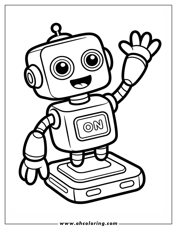 Line art of a friendly robot waving, standing on a platform. It has large eyes and an antenna.