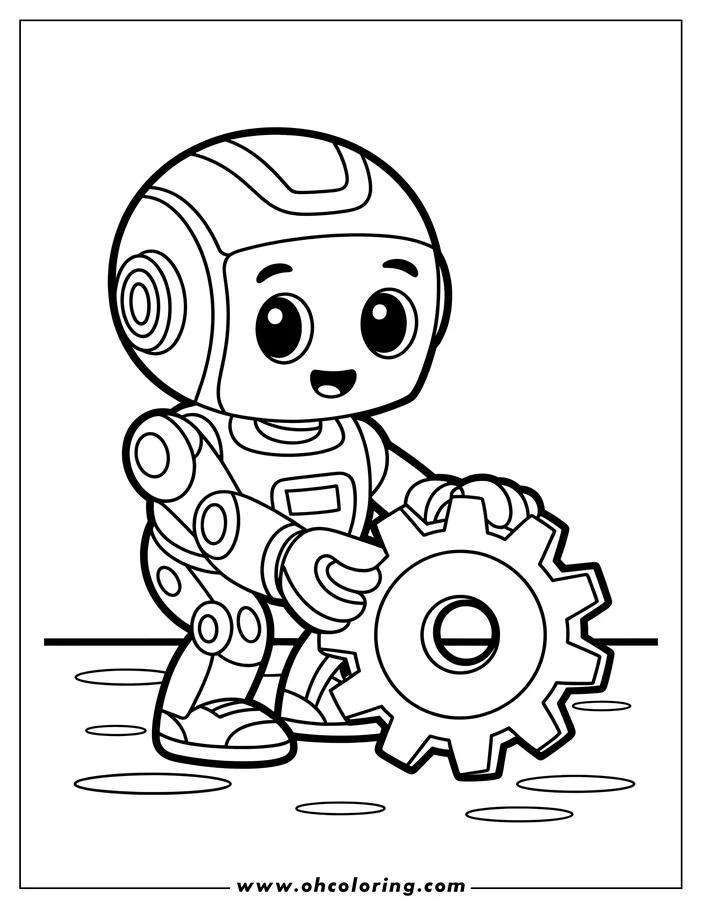 Line drawing of a cartoon robot holding a large gear, likely pushing or examining it.