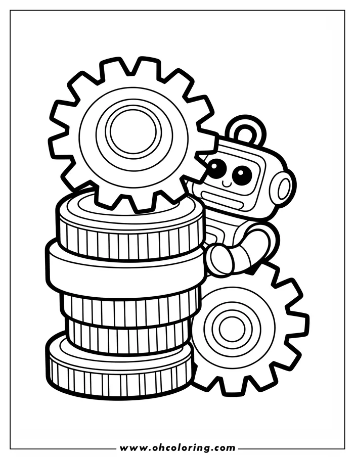 Line art of a cute robot standing next to a stack of gears. The robot has large eyes and a friendly expression.