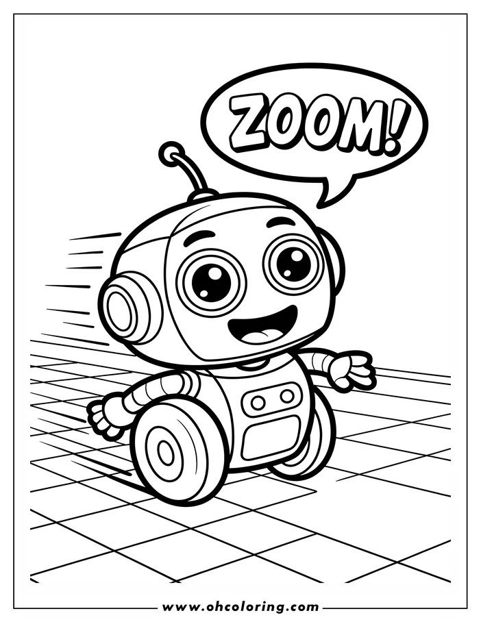 Line art of a cartoon robot with wheels zooming across a tile floor. A speech bubble says "ZOOM!"