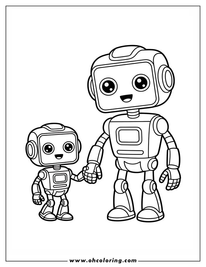 Two robots holding hands, a larger one and a smaller one. They have square heads, rounded bodies, and simple, friendly faces.