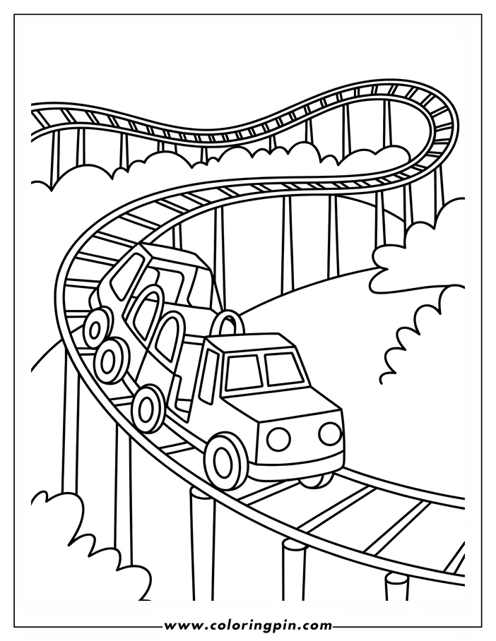 Outline of a roller coaster car descending a hill on a winding track.