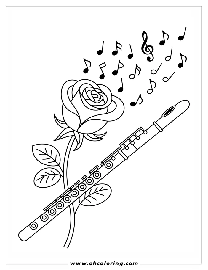 Line art of a rose and a flute with musical notes, designed as a coloring page. The rose has detailed petals and leaves, while the flute is positioned diagonally. Several music notes are scattered above the rose, adding a musical element to the design.