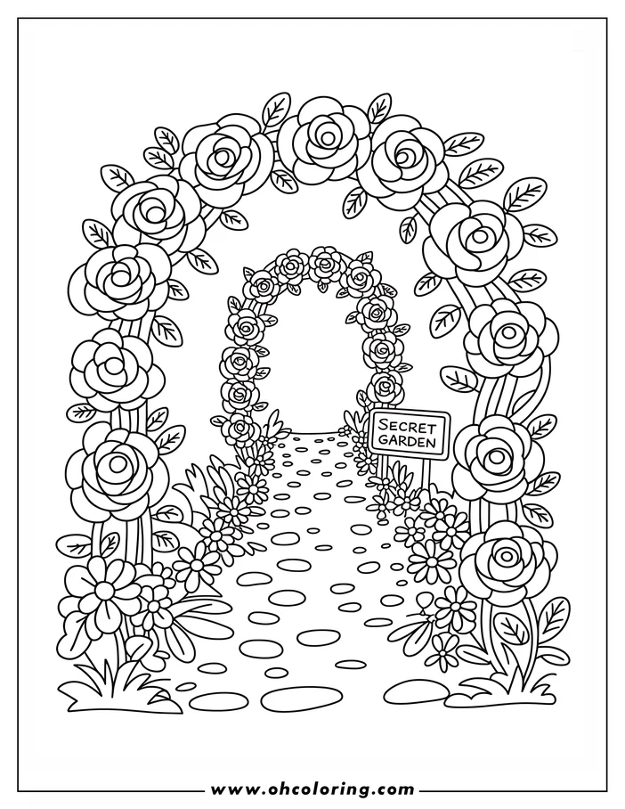 Line art of a rose archway leading to a secret garden.  The path is lined with flowers and foliage, and a signpost reads "Secret Garden." This detailed drawing provides a relaxing coloring activity, perfect for flower lovers.